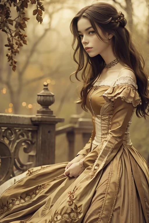 (Pure Color: 0.9), (Color: 1.1), (Masterpiece: 1,2), Top Quality, Masterpiece, High Resolution, Original, Highly Detailed Wallpaper, Beauty, Victorian, Dress, Melancholy, slender body, medium Breasts, Sepia Color, 25 years old, outdoor