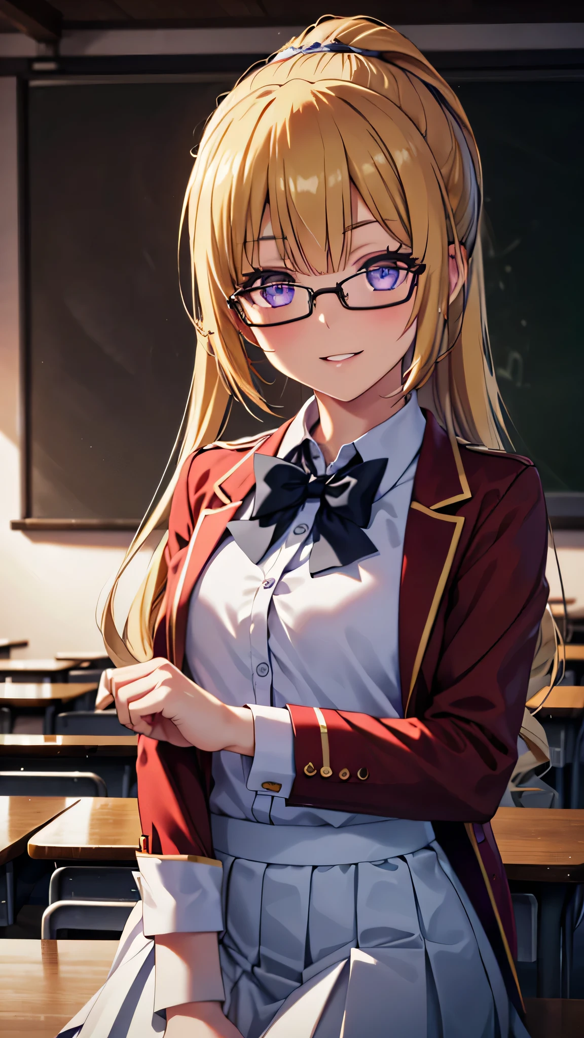 (masterpiece, best quality, absurdres), high quality, highres, ultra detailed, intricate, cinematic lighting, wallpaper, soft lighting, night, close-up, looking at viewer, beautiful woman, 1girl, parted lips, kei Karuizawa, small breasts, blonde hair, bangs, long ponytail hairstyles, detailed violet eyes, ((Super Realistic Detailed Eyes, glowing eyes)), ovall glasses, finger adjusts glasses, smiles, smirk, perfect fingers, in classroom, school class, school outfits, red coat, white shirt, tape, blue skirt 