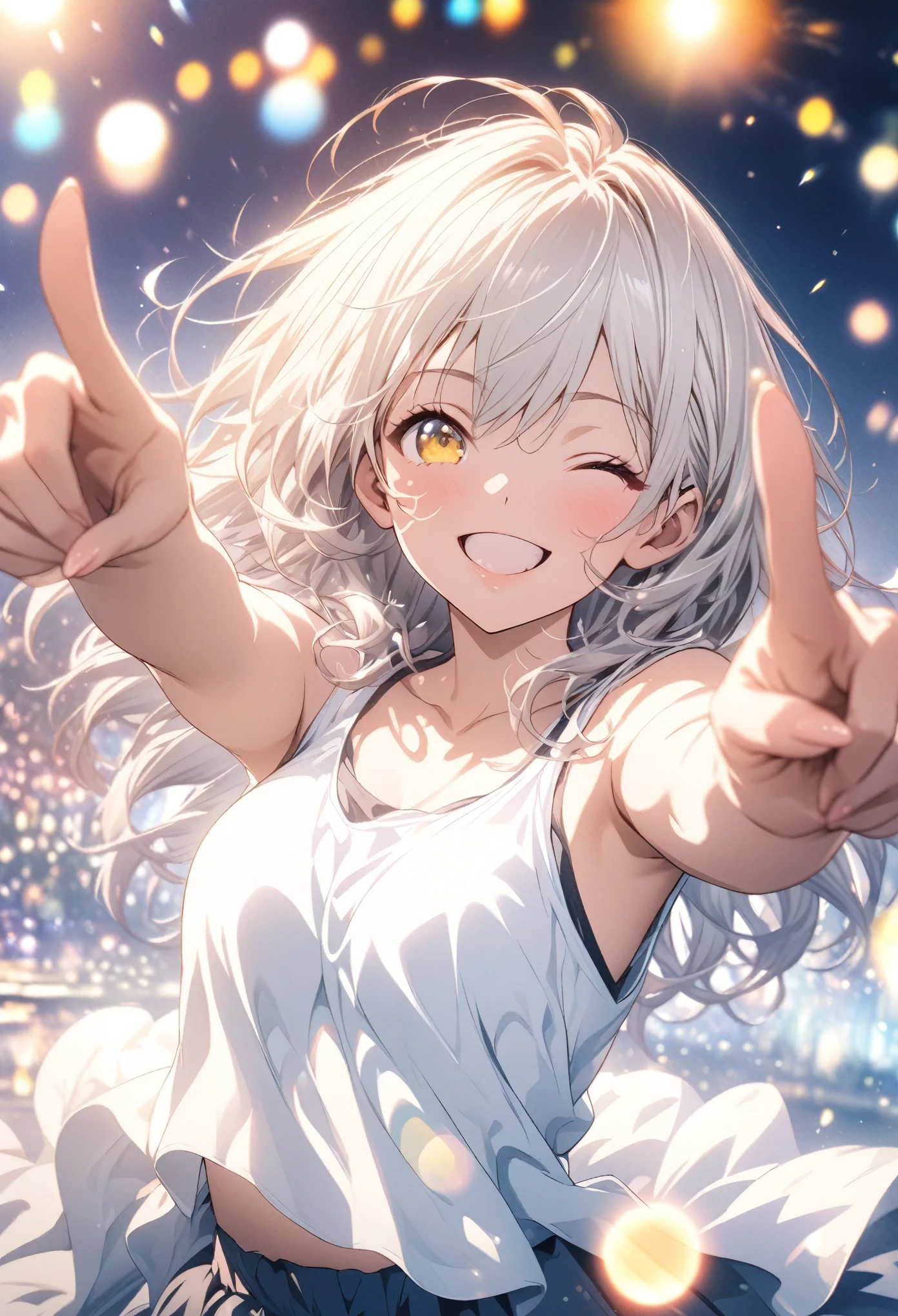 masterpiece, Highest quality, Highly detailed CG Unity 8K wallpapers, High School Girl Anime Illustration. Wear an oversized tank top、Love Dance Solo, Pointing the index fingers of both hands, she has her eyes closed and mouth open, smile. The background is a light pastel colored landscape.., white hair color, Yellow Eyes, bokeh photography, (soft focus):1.2, out-of-focus highlights, dreamy ambiance, glowing circles, mesmerizing depth, The background is realistic