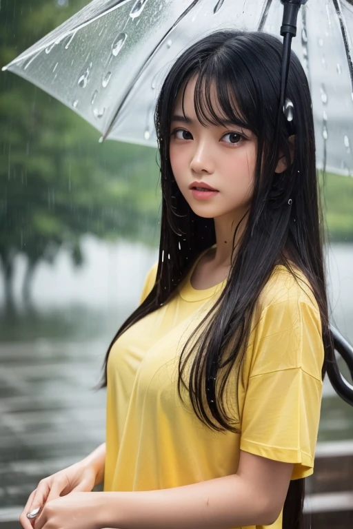Masterpiece,best quality,Very detailed,(look at the view),black hair,realistic,18 years old,(Bokeh),long hair,straight hair,small breasts,diagonal,sweat,Blush,Narrow eyes,(orgasm),Natural posture,upper body,short sleeve,Yellow T-shirt,(rain:1.2),(Wet t-shirt:1.2),from the side,Open an umbrella,rainตก,