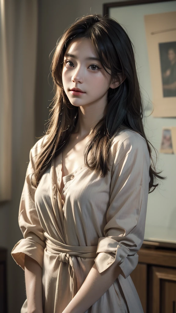 (RAW photos, top quality), (realistic, photorealistic: 1.3),(chest:1.1),highest quality, high definition, masterpiece, super detail, illustration, 1 girl, upper_body, dynamic angle, world masterpiece theater, top quality, highly detailed CG Unity 8k wallpaper, ink, stunning, cinematic lighting, lenlare, dunhuang_ style, ((straight hair)), nice hairstyle,(shirt)