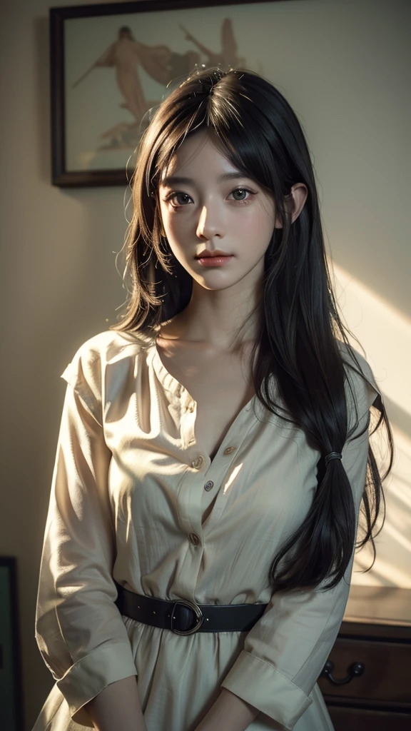 (RAW photos, top quality), (realistic, photorealistic: 1.3),(chest:1.1),highest quality, high definition, masterpiece, super detail, illustration, 1 girl, upper_body, dynamic angle, world masterpiece theater, top quality, highly detailed CG Unity 8k wallpaper, ink, stunning, cinematic lighting, lenlare, dunhuang_ style, ((straight hair)), nice hairstyle,(shirt)