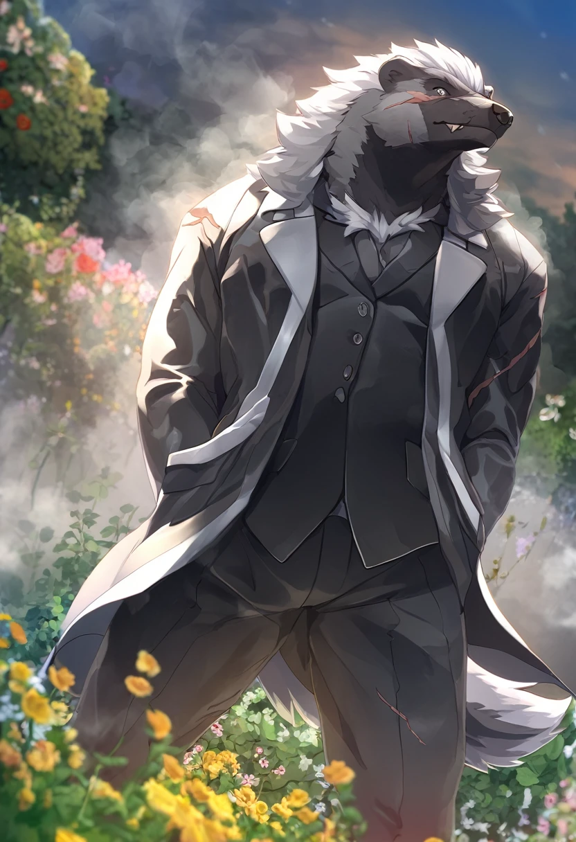 honey badger，personification，Mature male，strong，Scars on face，Fierce，Silver pupils，Black suit suit，Hands in pockets，The Age of Steam，garden，Perspective。