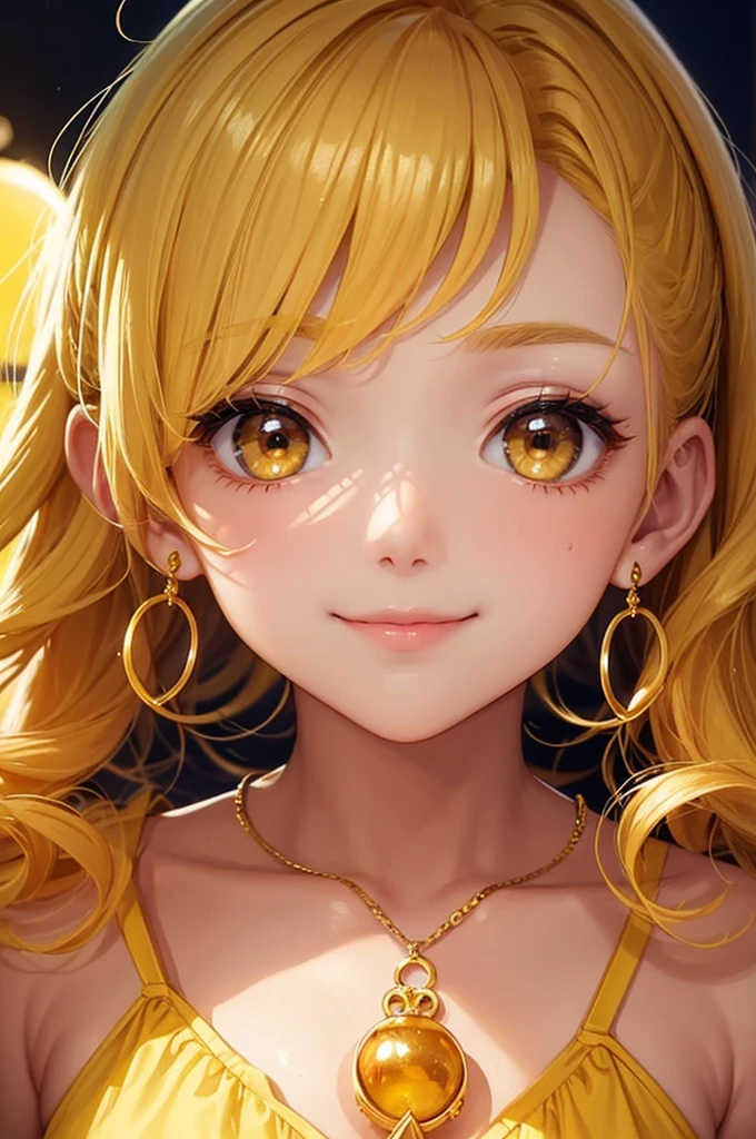 、beautiful girl、smile、Yellow Hair、Big eyeoonlit Night、Close-up of face、Beautiful collarbone、Close-up of face、Yellow Earrings、Curly Hair、Yellow Bikini