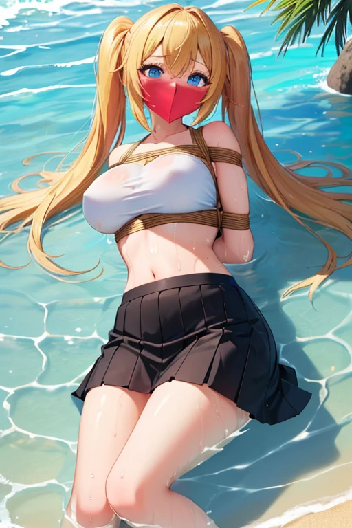 1 girl, (detailed blue eyes, lange wimpern, detailed beautiful face:1.1), 4k quality, twintails, Haare Seiten nach oben, (Long blonde hair:1.4), (arms behind back:1.3), (big breasts:1.5), Red rope, (blushing:1.3), erina nakiri, long hair, orange hair, hair between eyes, (black skirt, White crop top, 18 jears old:1.4), (bondage:1.3), erhobene Augenbrauen, pralle Brüste, OTN, Gag, gagged, (laying in water:1.5), wet, (near a Public beach with many people:1.5), wet clothes