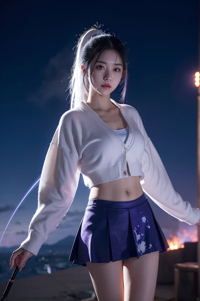 1 Girl, Japanese clothes, Ponytail ,White hair, Purple Eyes, Magic Circle, Blue flame, Blue flame, wallpaper, landscape, Blood, Blood splatter, Depth of Field, night, Light Particles, Light, Side Light, thigh, destiny \(series\), Genshin Impact, ****, Cardigan jacket, skirt, High Leg Raise, cloud