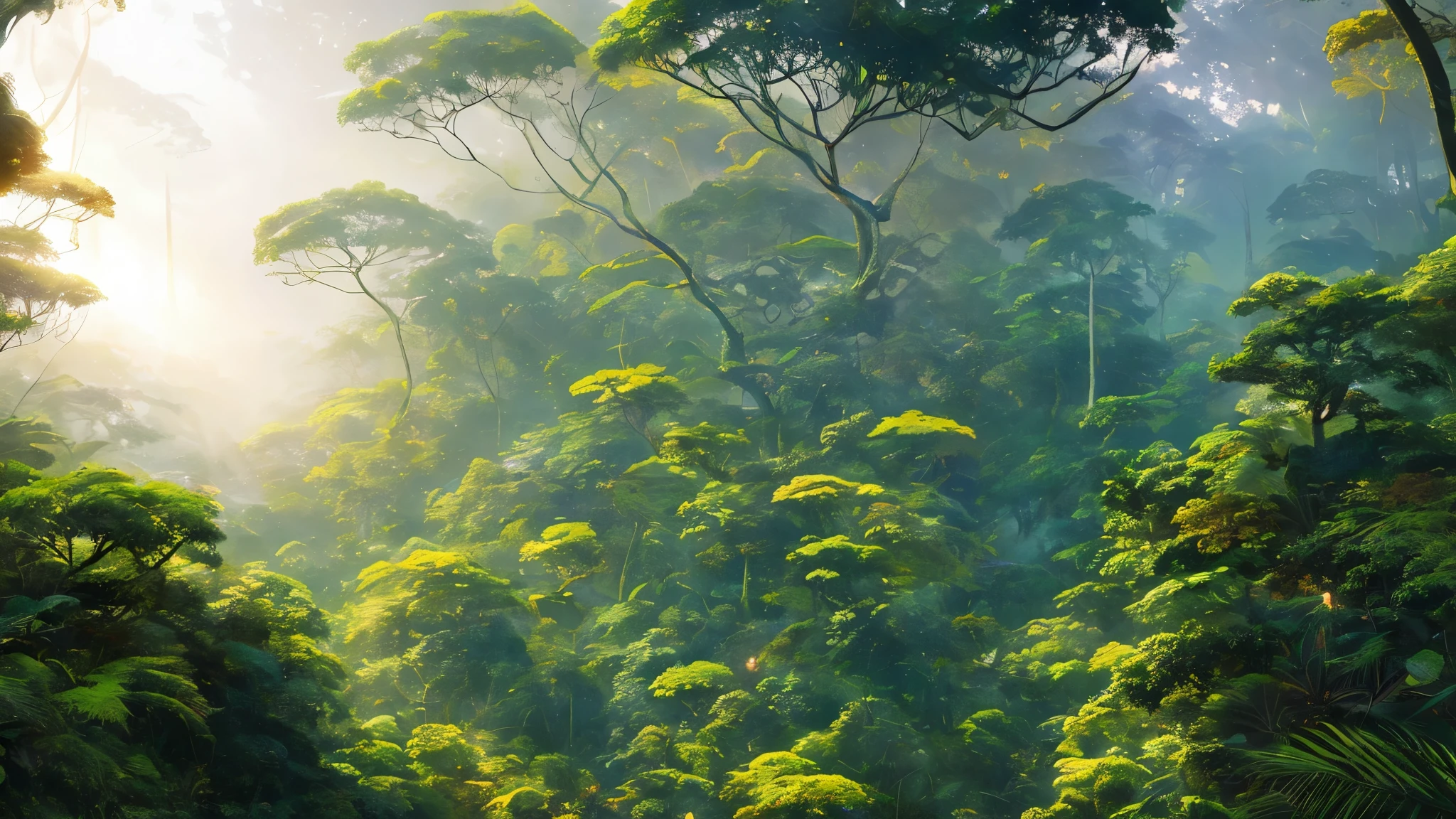 Digital Illustration, detailed and intricate, Tropical Rainforest, Very colorful, You can see the ocean, The jungle is home to many rare plants and animals., Sunlight shining through the treetops，Create a mottled effect. Styles of Yoshitaka Amano and Hayao Miyazaki, masterpiece, Proportion, detailed, trending at artstationh, Beautiful lighting, Realistic, Complex, Awards, 4K, Best Quality Award, 4K digital painting in the style of Yoshitaka Amano. detailed and intricate depiction of a zombie apocalypse, He expertly captures the chaos and drama of the scene.. Beautiful lighting and cinematic composition make this piece a true masterpiece, trending at artstationh