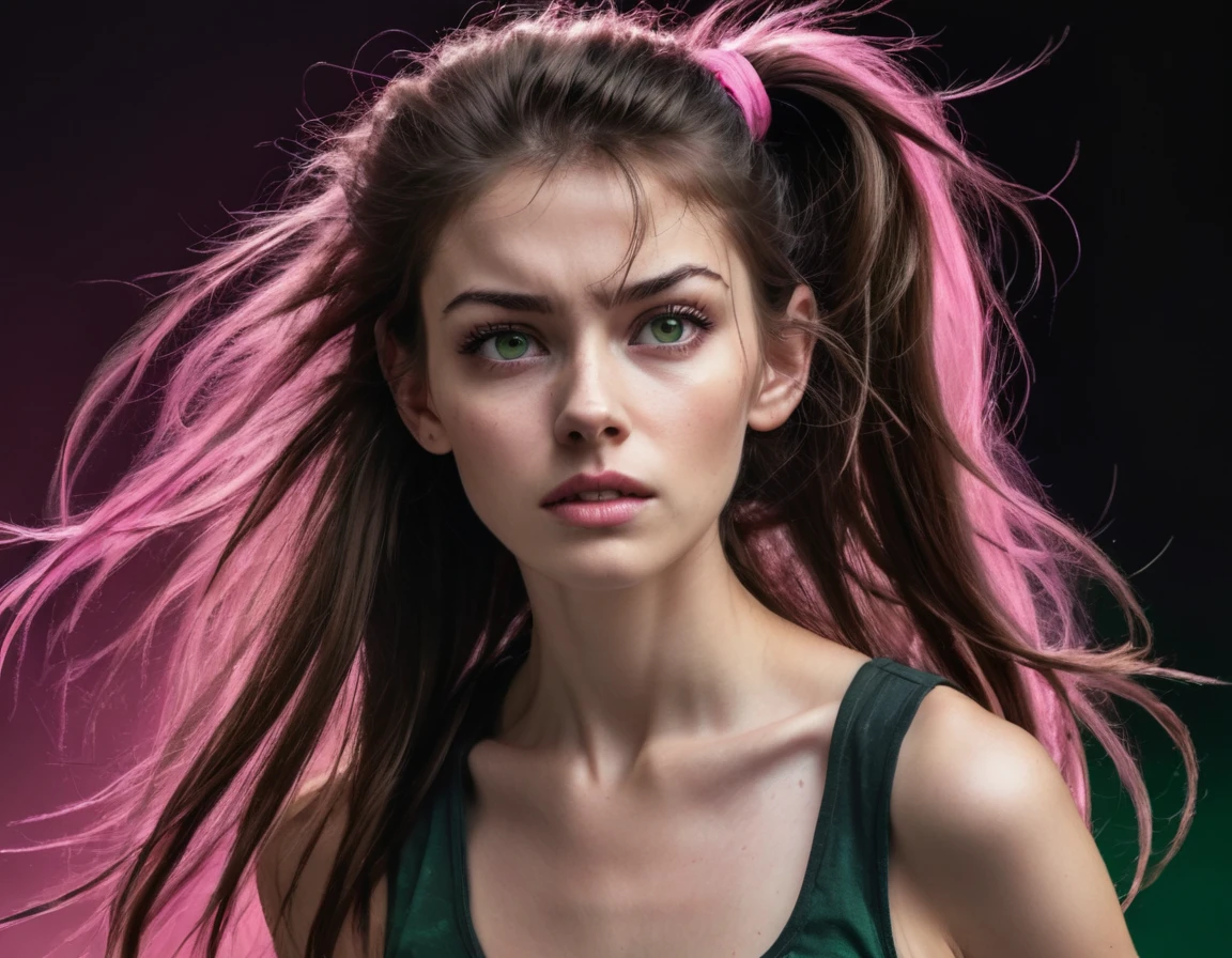 Vivid, high-contrast horror photo of a woman with brown hair and a ponytail, she has long hair and large pale green eyes, she is wearing short, torn clothes. damaged clothes, (((pink summer top))), running, serious look, scary black background