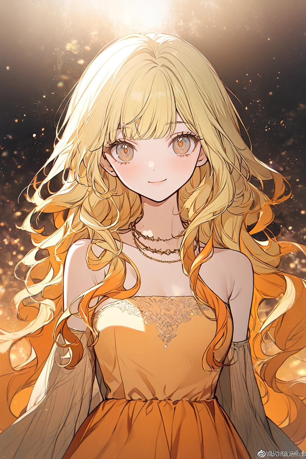 1 girl, CuteStyle, gray-orange eyes, light yellow hair with orange strands, long hair with straight bangs, dressed in a light orange strapless dress, neckline, medium chest, looks at the viewer, sly look, sly smile, upper body, gold necklace around her neck, against the background of the cosmic sky, the sun is nearby, beautiful, detailed, delicate tones