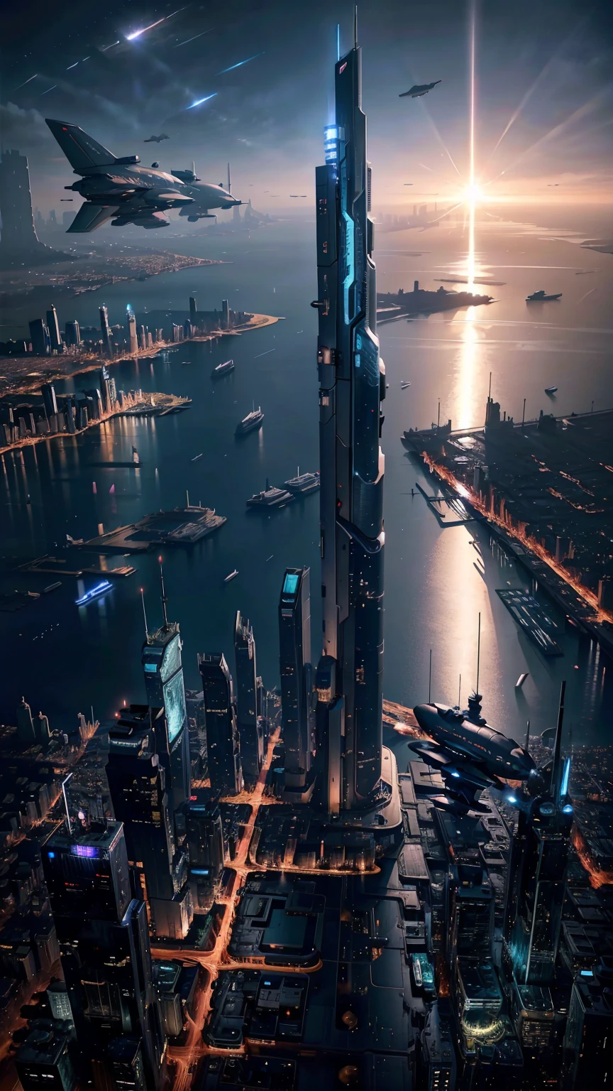 Night view seen from an airplane,future city:1.3,port,flying spaceship,skyscraper,master piece,highest quality,ultra high resolution,(Super detailed:1.2),8K,photorealistic,best aesthetic,beautiful