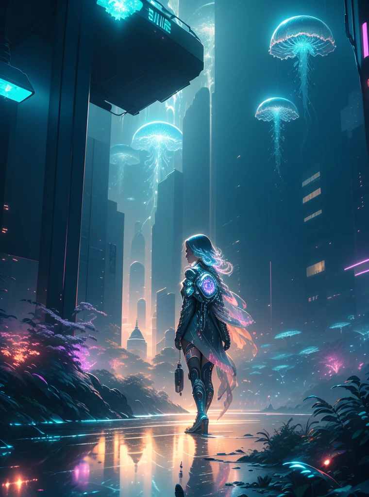 (best quality,4k,8k,highres,masterpiece:1.2),ultra-detailed,(realistic,photorealistic,photo-realistic:1.37),cyberpunk fish tank,mechanical jellyfish,glowing neon lights,high-tech futuristic atmosphere,detailed cybernetic fish,shimmering metallic scales,seamless blend of organic and mechanical elements,futuristic aquatic landscape,advanced holographic projection,transparent glass tank,reflective surfaces,subtle refractions of light,depth and dimension,city skyline in the background,silhouettes of towering skyscrapers,hovering drone-led surveillance,crisp and vibrant colors,pulsating neon hues,electric blue and neon purple color palette,subtle hints of green and orange,ambient LED lighting,gritty and dark undertones,moody and dystopian atmosphere,industrial aesthetics with cybernetic undertones,mystery and intrigue,futuristic technology juxtaposed with natural elements,immersive and captivating environment.