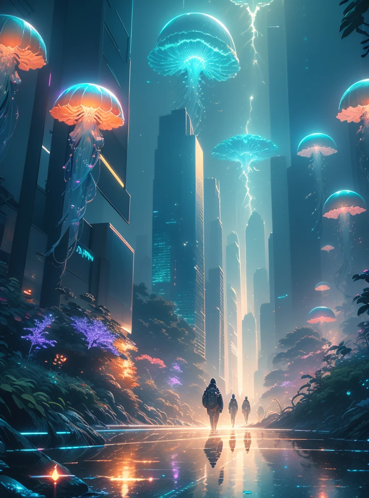 (best quality,4k,8k,highres,masterpiece:1.2),ultra-detailed,(realistic,photorealistic,photo-realistic:1.37),cyberpunk fish tank,mechanical jellyfish,glowing neon lights,high-tech futuristic atmosphere,detailed cybernetic fish,shimmering metallic scales,seamless blend of organic and mechanical elements,futuristic aquatic landscape,advanced holographic projection,transparent glass tank,reflective surfaces,subtle refractions of light,depth and dimension,city skyline in the background,silhouettes of towering skyscrapers,hovering drone-led surveillance,crisp and vibrant colors,pulsating neon hues,electric blue and neon purple color palette,subtle hints of green and orange,ambient LED lighting,gritty and dark undertones,moody and dystopian atmosphere,industrial aesthetics with cybernetic undertones,mystery and intrigue,futuristic technology juxtaposed with natural elements,immersive and captivating environment.