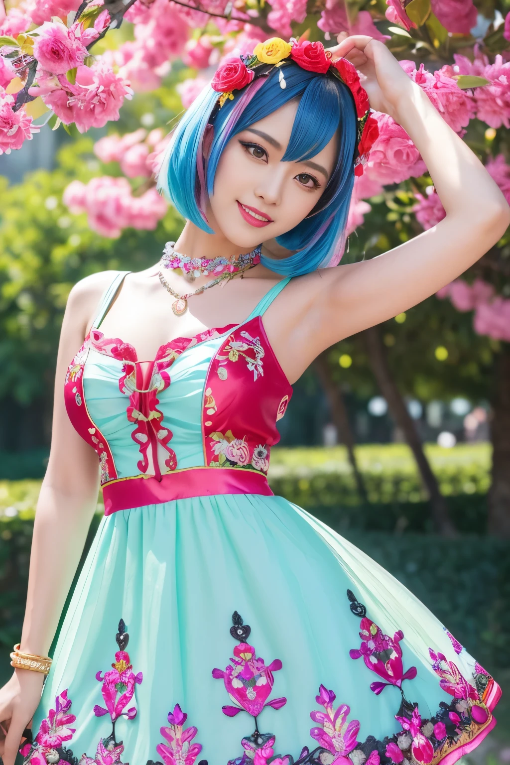 (masterpiece:1.4), (best quality:1.4), ultra high res, ultra high resolution, ((detailed facial features)), HDR, (realistic, photorealistic, photo-realistic:1.37), full body Esbian, sexy Vietnamese model, (-anime), only 1 model, vivid colors, ((vivid colors colorful (pink, lime, light blue) very short hair)), (big smile), lip-gloss, long lashes, defined eyebrows, wearing large sparkling colorful jewelery, wearing a red silk Paradise Kiss cosplay dress with black floral embroidery, ((vivid colors outfit)), vivid colors, look at the camera, cinematic light, large park background with trees, sweet and sexy pose