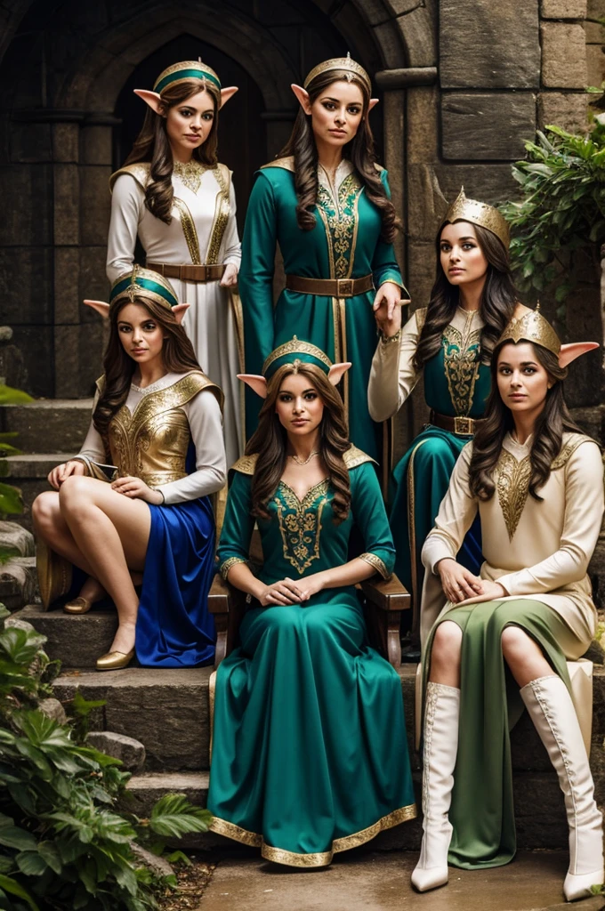 group of beautiful elven women, chubby bellies, visible midriffs, attractive, smiling, different colored hairs, smooth skin, seductive smiles, tavern, silk dresses