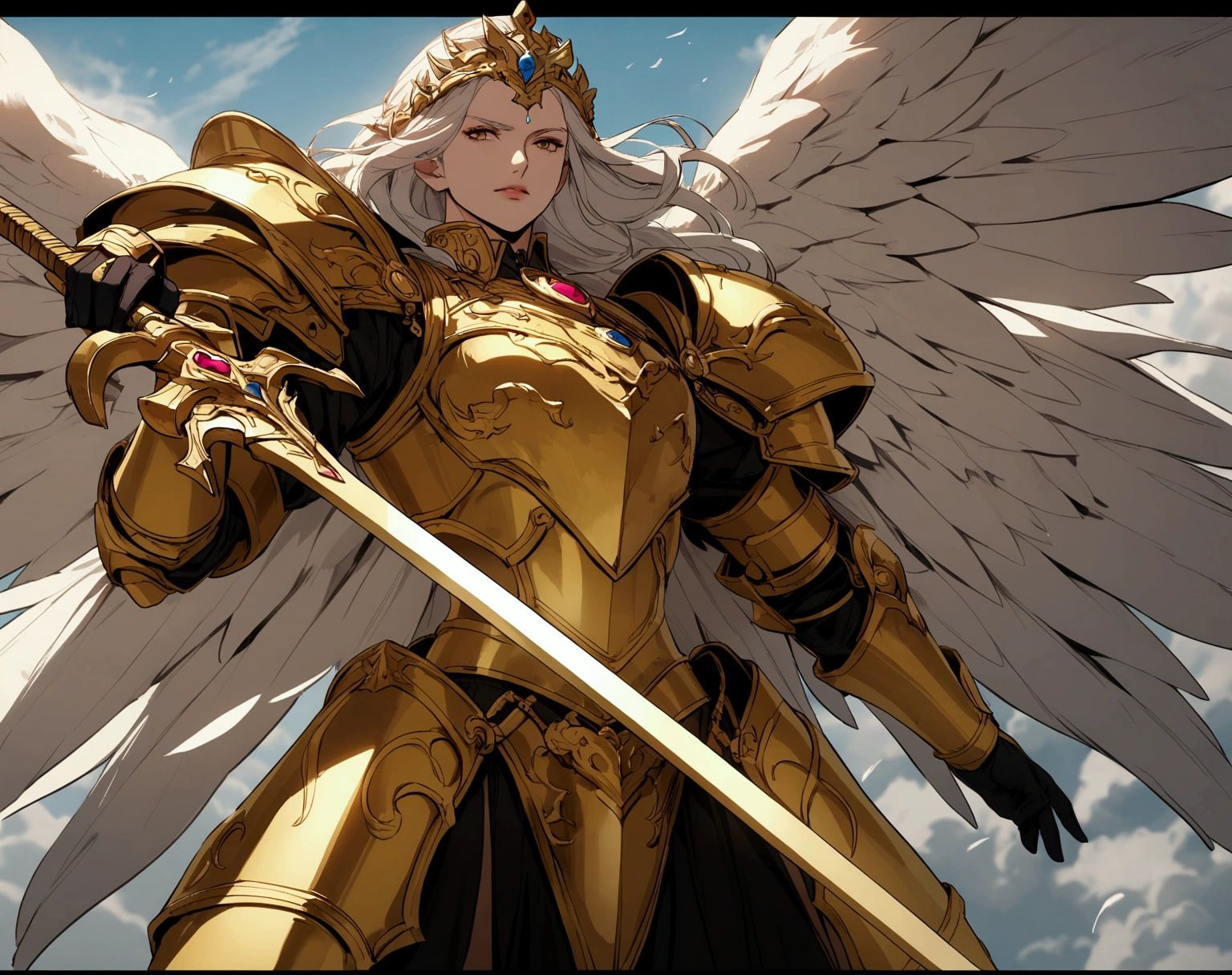 An angel in golden armor holding a sword
