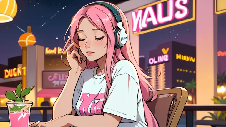 A beautiful young woman in her 20s with straight pink midium long hair, wearing headphones, sitting on the terrace of a night cafe, looking down with her eyes closed, lofi girl, t-shirt, mood, comfortable, Las Vegas, In-N-Out Burger, hyper-detailed, detailed hands, perfect hands,
