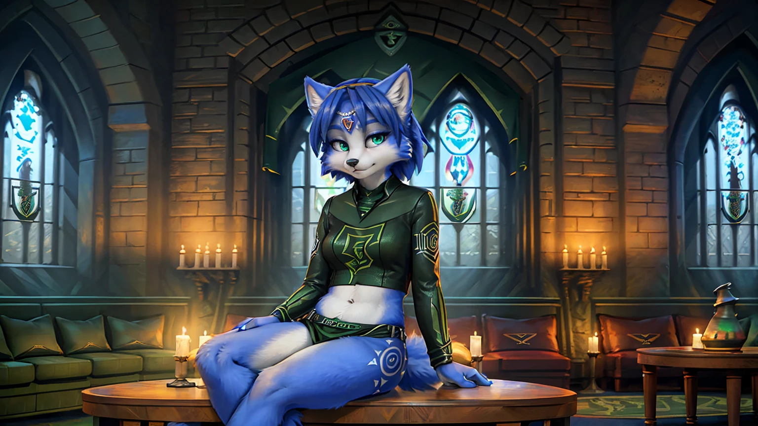 A beautiful and detailed picture of ((krystal)), Star Fox krystal,  green eyes, medium breasts, (((Long blue hair 1.3))),  anthro, furry, (von Fluff-Kevlar, Bayard Wu, personalize me, Pino Daeni),  detailed fluffy fur, detailed face, (fluffy), 1 girl, alone, hair cover one eye:1.4, wears tribal clothing with leather armor, wears tribal top with leather armor, ((in the Slytherin common room at Hogwarts:1.4)), ignores the viewer