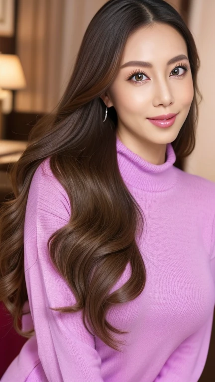 (Cowboy Shot、Highest quality、8k、Award-winning works、Ultra-high resolution)、One beautiful woman、(The perfect and most natural purple long sleeve sweater:1.1)、(blonde:1.1)、Bright color contacts、Perfect Makeup、Bright and shiny lipstick、(Very heavy makeup:1.2)、(Deep pink around the eyes:1.1)、Beautiful bright eyeshadow、Heavy makeup around the eyes、(Huge breasts:1.2)、very long wavy hair、(Romantic affection:1.1)、The best smile when he sees me、(Many of them emphasize the body line..:1.1)、(Strongly blurred vibrant Harajuku city background:1.1)、(Strongly blurred background:1.1)、Accurate anatomy、Ultra HD Hair、(Ultra-high resolutionの完璧な美しい歯:1.1)、Ultra-high definition beauty face、Ultra HD Hair、Ultra HD Shining Eyes、輝くUltra-high resolutionの美肌、Ultra-high resolutionの艶やかな唇