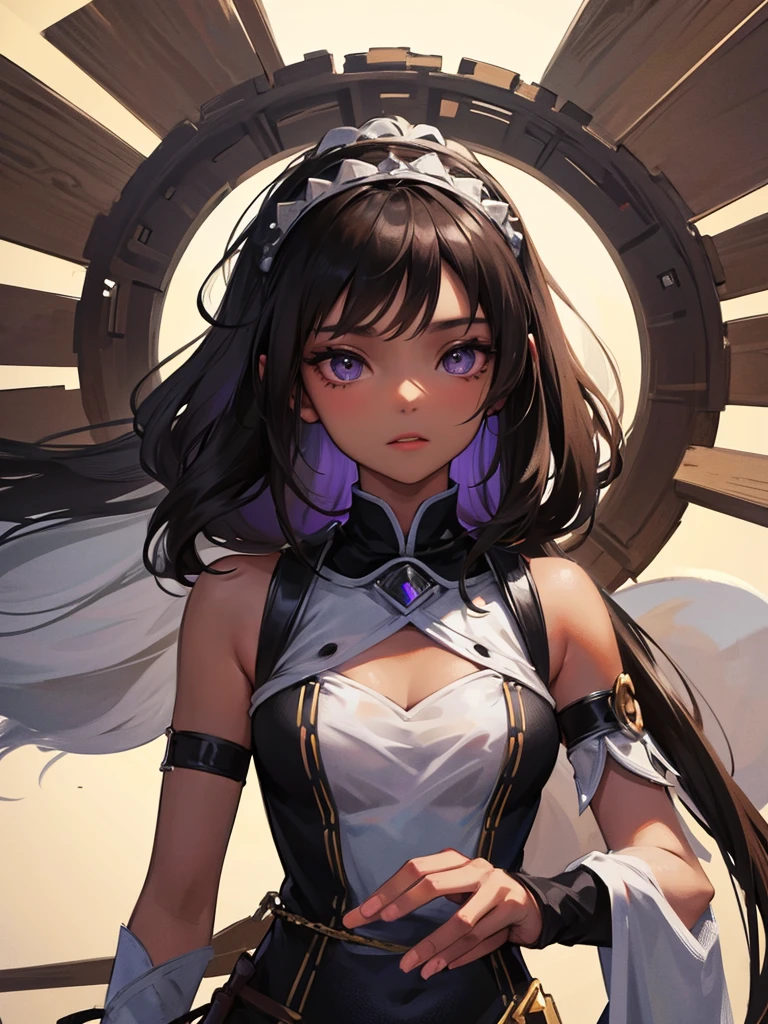 Girl with dark skin, with indigenous features, long dark hair, wearing Emilia's outfit from the anime Re:NULL, medium sized breasts, slightly voluminous butt