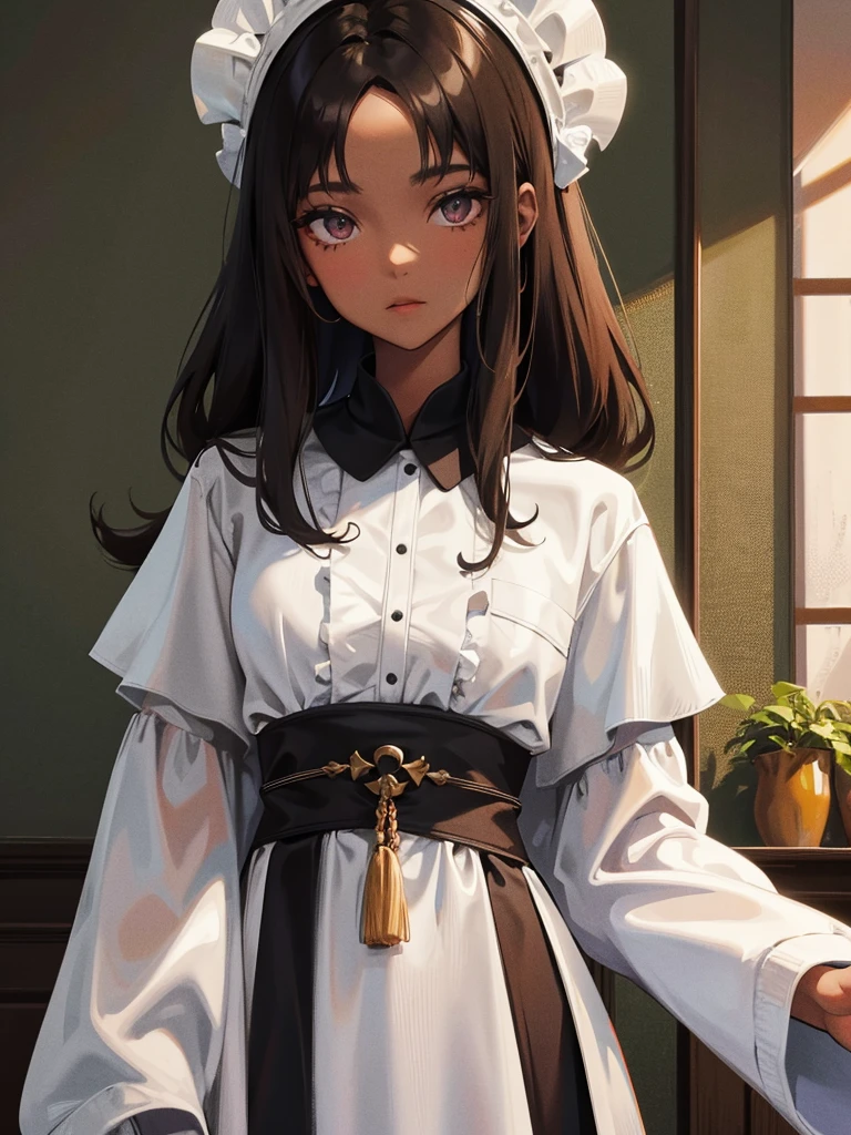 Girl with dark skin, with indigenous features, long dark hair, wearing Emilia's outfit from the anime Re:NULL, medium sized breasts, slightly voluminous butt