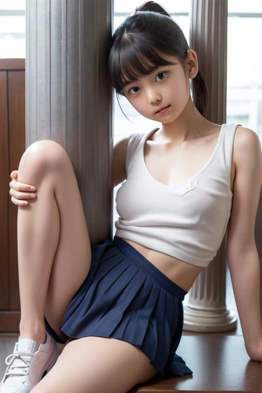 (Sailor suit), (Navy pleated mini skirt), (sneakers), Adorable, Cute Japanese Girl, , 18-year-old, Big and beautiful eyes, Droopy eyes, Face Focus, (Small breasts), (Cleavage:1.0) , (Low contrast,Capture the light:1.0), (Very detailed肌), (Highest quality:1.0), (Ultra-high resolution:1.0) ,(Realistic:1.0), (Very detailed:1.0), (8k, RAW Photos:1.1),( Out of breath expression:0.8),(Looking at the audience:1.3), (She is leaning against a pillar with her legs spread..:1.5), ponytail:1.5, Crowded train, There are many passengers around