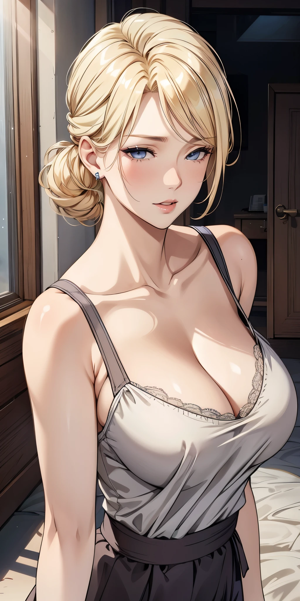 Seductive mature woman, milf, blue eyes, blonde hair, soft light, 4k resolution, high quality, beautiful cg