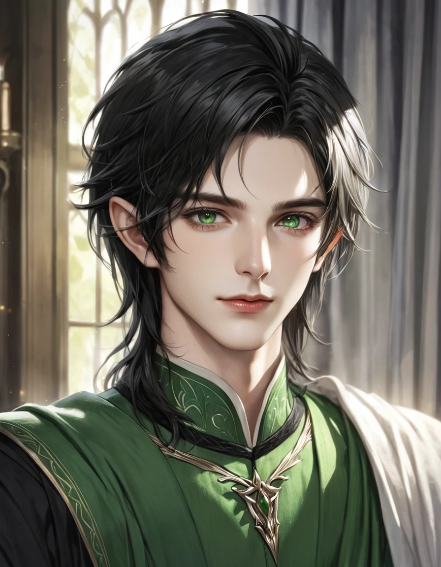 (best quality), 1boy, male, pale skin, black hair, medium hair, curtain hair, tousled hair, green eyes, perfect eyes, dark circles under eyes, tall, slender, handsome, strong jawline, lazy, light smile, attractive, (elf), pointed ears, fantasy clothes, masterpiece, anatomically correct, highres