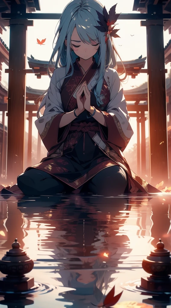 1girl, meditation, deitating, masterpiece, best qullity, peace, peaceful, water,reflection, calm,serene, tranquil, warm, close eyes, perfect face, leafs,temple,ancient, architecture,