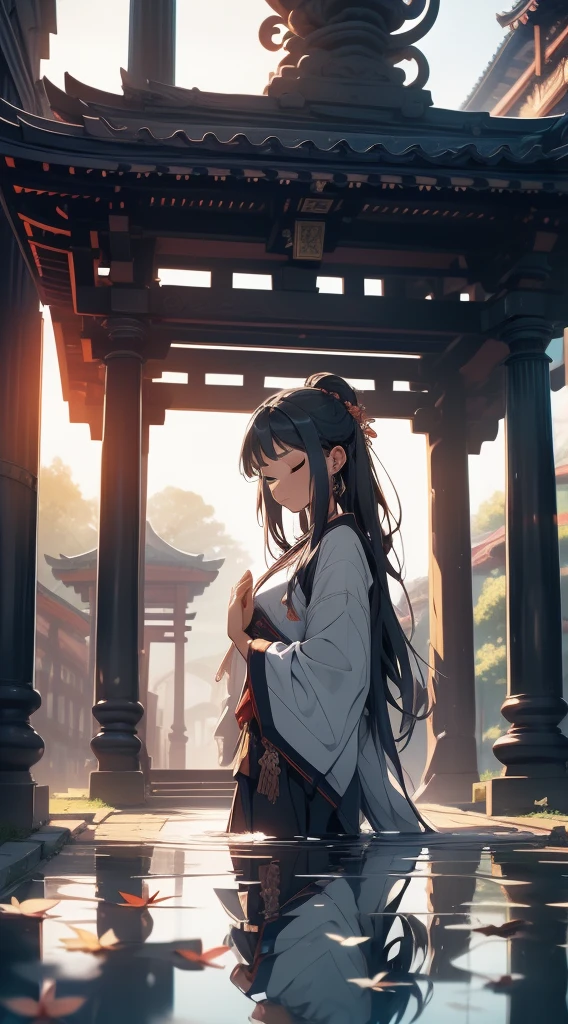 1girl, meditation, deitating, masterpiece, best qullity, peace, peaceful, water,reflection, calm,serene, tranquil, warm, close eyes, perfect face, leafs,temple,ancient, architecture,