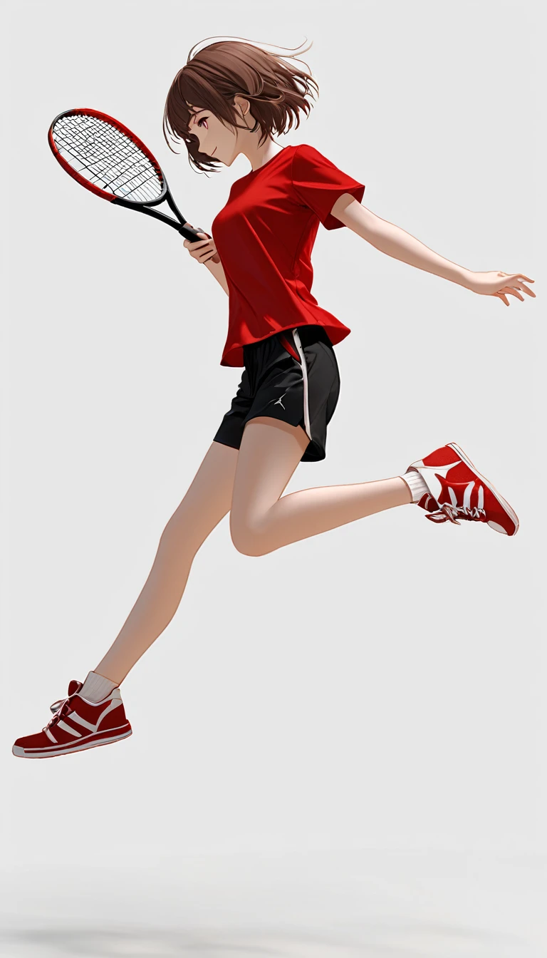 1girl, 独奏, smile, short_hair, simple_background, brown_hair, shirt, white_background, holding, full_body, short_sleeves, shoes, shorts, signature, profile, black_shorts, red_footwear, red_shirt, sneakers, jumping, racket,C4D Rendering,OC Rendering,Clarity Enhancement,Extremely high resolution