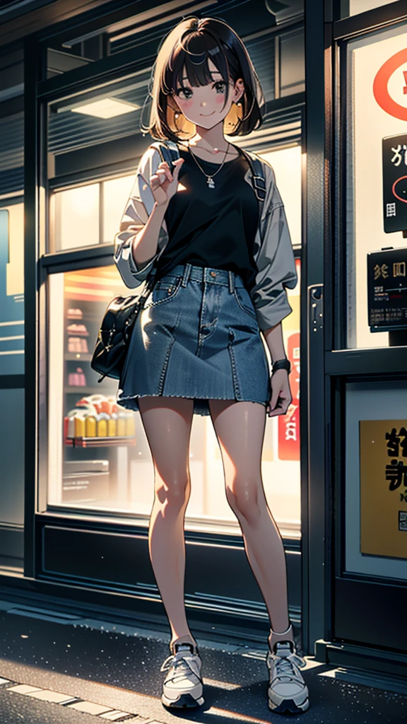 (8k, RAW Photos, 最high quality, masterpiece:1.2), high qualityのRAWカラー写真, Professional photo shoot, Cinematic Light, alone, (((young woman, Gal))), (Sharp features), (Small face), (Skin with attention to detail:1.2), clavicle, Cute Face, Beautiful appearance, Long eyelashes,Girl Turning Around, smile, (Brown Hair, Long straight line), Jersey, Grey denim mini skirt, sneakers, Backpack, Night Park, Confident attitude, Capture the happy moment, Artistic painting,Attractive thighs, (Very nice touch:1.2),はにかんだsmile), Peaceful atmosphere, Oil painting style, Bright colors, (Are standing:1.5, Inside a convenience store, Full body portrait), Smooth texture, Gazing Eyes, Beautiful Skin, Glowing Skin, ((Perfect Fingers, Five Fingers, Anatomically correct)), Background Blur, high quality, Surreal, ((Very detailed, photo shoot)),Many people々、blush、Plump