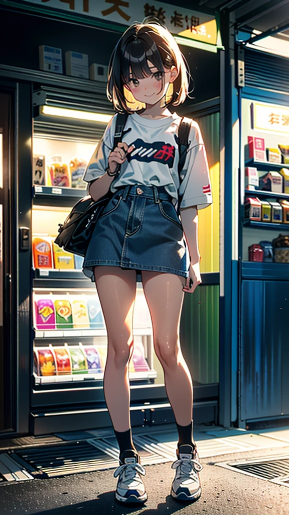 (8k, RAW Photos, 最high quality, masterpiece:1.2), high qualityのRAWカラー写真, Professional photo shoot, Cinematic Light, alone, (((young woman, Gal))), (Sharp features), (Small face), (Skin with attention to detail:1.2), clavicle, Cute Face, Beautiful appearance, Long eyelashes,Girl Turning Around, smile, (Brown Hair, Long straight line), Jersey, Grey denim mini skirt, sneakers, Backpack, Night Park, Confident attitude, Capture the happy moment, Artistic painting,Attractive thighs, (Very nice touch:1.2),はにかんだsmile), Peaceful atmosphere, Oil painting style, Bright colors, (Are standing:1.5, Inside a convenience store, Full body portrait), Smooth texture, Gazing Eyes, Beautiful Skin, Glowing Skin, ((Perfect Fingers, Five Fingers, Anatomically correct)), Background Blur, high quality, Surreal, ((Very detailed, photo shoot)),Many people々、blush、Plump