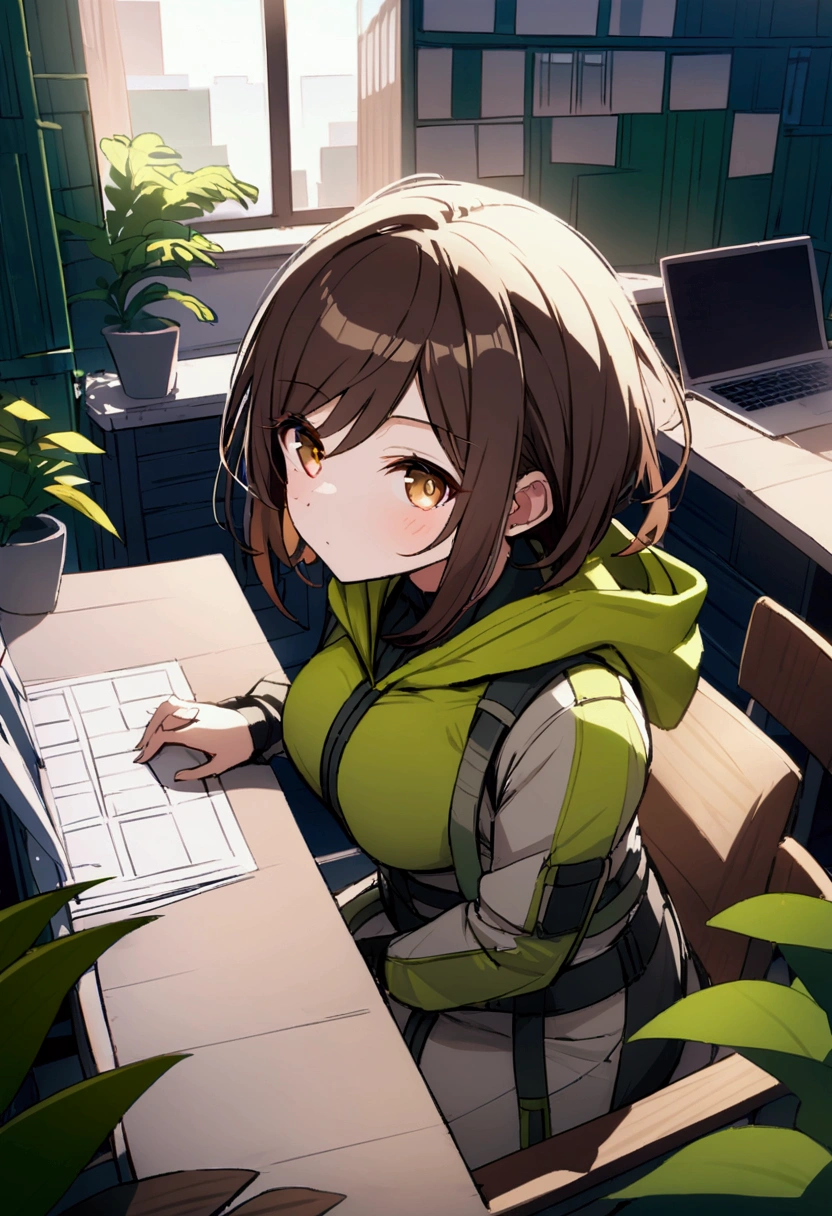 Wide shot of the office. The room is filled with lush green plants, blueprints on the walls, and a desk cluttered with papers and a laptop. Ria, a female urban environmental engineer, sits at her desk. She has long, wavy dark brown hair and hazel eyes, wearing practical yet stylish eco-friendly clothing in green tones. The office is bathed in natural light, highlighting the vibrant green hues of the plants and the warmth of the wooden furniture.