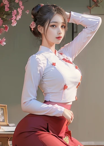 photorealistic, high resolution, masterpiec e best quality ultra-detailed, 1women. (m edium breast), hair bun, jesmine flower o n the head, mature female, solo, hips up, (wearing acmmsayarma outfit, acmmsaya rma ( Red♥️ top ) with buttons, long sleeves), ((acmmsayarma Red♥️ long skirt)
