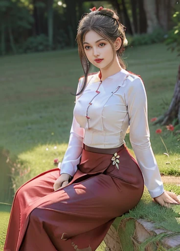 photorealistic, high resolution, masterpiec e best quality ultra-detailed, 1women. (m edium breast), hair bun, jesmine flower o n the head, mature female, solo, hips up, (wearing acmmsayarma outfit, acmmsaya rma ( Red♥️ top ) with buttons, long sleeves), ((acmmsayarma Red♥️ long skirt)