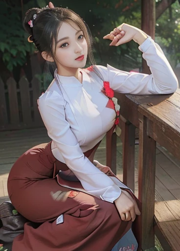 photorealistic, high resolution, masterpiec e best quality ultra-detailed, 1women. (m edium breast), hair bun, jesmine flower o n the head, mature female, solo, hips up, (wearing acmmsayarma outfit, acmmsaya rma ( Red♥️ top ) with buttons, long sleeves), ((acmmsayarma Red♥️ long skirt)