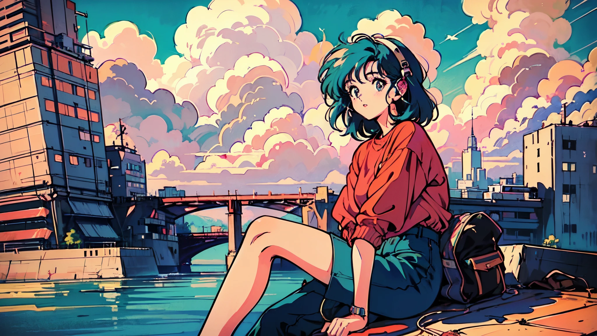 Observe every detail perfectly,(80's, Retro, City Pop:1.5), (Album cover), (masterpiece, Highest quality), (anime, figure), (pastel colour:1.4), Best Photo Poses, Dynamic Angle,girl, alone, A perfect eye for detail, Delicate face, Tokyo, High Fashion, DJHeadphones,Headphones,Blue sky and clouds,笑顔のgirl、sit,Vivid background