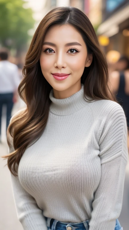 (Cowboy Shot、Highest quality、8k、Award-winning works、Ultra-high resolution)、One beautiful woman、(Perfect, The most natural grey long sleeve sweater:1.1)、(blonde:1.1)、Bright color contacts、Perfect Makeup、Bright and shiny lipstick、(Very heavy makeup:1.2)、(Deep pink around the eyes:1.1)、Beautiful bright eyeshadow、Heavy makeup around the eyes、(Big Breasts:1.2)、Wavy semi-long hair、(Romantic affection:1.1)、私を見た時の最高のsmile、(Many of them emphasize the body line..:1.1)、(Strongly blurred vibrant Harajuku city background:1.1)、(Strongly blurred background:1.1)、Accurate anatomy、Ultra HD Hair、(Ultra-high resolutionの完璧な美しい歯:1.1)、Ultra-high definition beauty face、Ultra HD Hair、Ultra HD Shining Eyes、輝くUltra-high resolutionの美肌、Ultra-high resolutionの艶やかな唇,smile