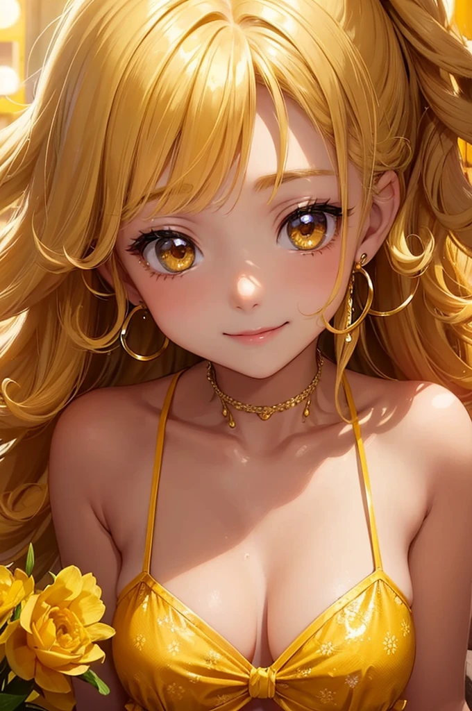 、beautiful girl、smile、Yellow Hair、Big eyeoonlit Night、Close-up of face、Beautiful collarbone、Close-up of face、Yellow Earrings、Curly Hair、Yellow Bikini