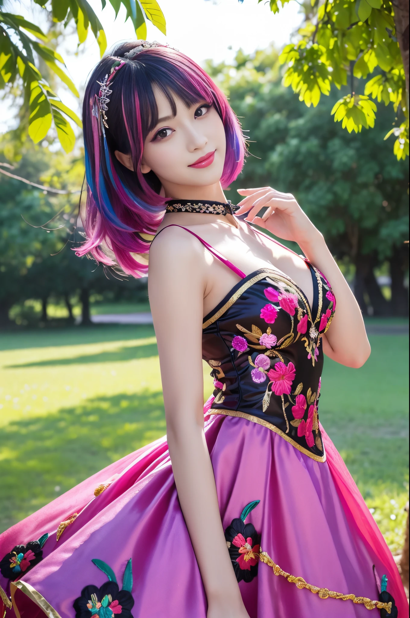 (masterpiece:1.4), (best quality:1.4), ultra high res, ultra high resolution, ((detailed facial features)), HDR, (realistic, photorealistic, photo-realistic:1.37), full body Esbian, sexy Thai model, (-anime), only 1 model, vivid colors, ((vivid colors multicolor (fuchsia, pink, light purple) very short hair)), beautiful smile, lip-gloss, long lashes, defined eyebrows, wearing large sparkling colorful jewelery, wearing a red silk Paradise Kiss cosplay dress with black floral embroidery, ((vivid colors outfit)), vivid colors, look at the camera, cinematic light, large park background with trees, sweet and sexy pose