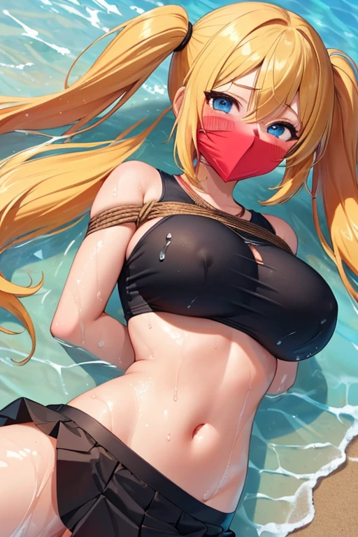 1 girl, (detailed blue eyes, lange wimpern, detailed beautiful face:1.1), 4k quality, twintails, Haare Seiten nach oben, (Long blonde hair:1.4), (arms behind back:1.3), (big breasts:1.5), Red rope, (blushing:1.3), erina nakiri, long hair, orange hair, hair between eyes, (black skin skirt, White crop top, 18 jears old:1.4), (bondage:1.3), erhobene Augenbrauen, pralle Brüste, OTN, Gag, gagged, (laying in water:1.5), wet, (near a Public beach with many people:1.5), wet clothes