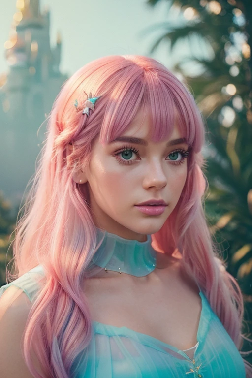(fluorescent colors:1.4),(translucent:1.4),(retro filters:1.4), (fantasy:1.4), candy world Disney land ethereal soft fluffy soft landscape forest snowavatar Pastel pink sky green blue sparkle ethereal light pastel whimsical light rainbow stars diamonds sparkle gemstone background hyper realistic Ultra quality cinematic lighting immense detail Full hd painting Well lit,diagonal bangs, , collared dress,on side, masterpiece, best quality,realskin,(portrait:1.5), 1girl, blunt bangs, long hair