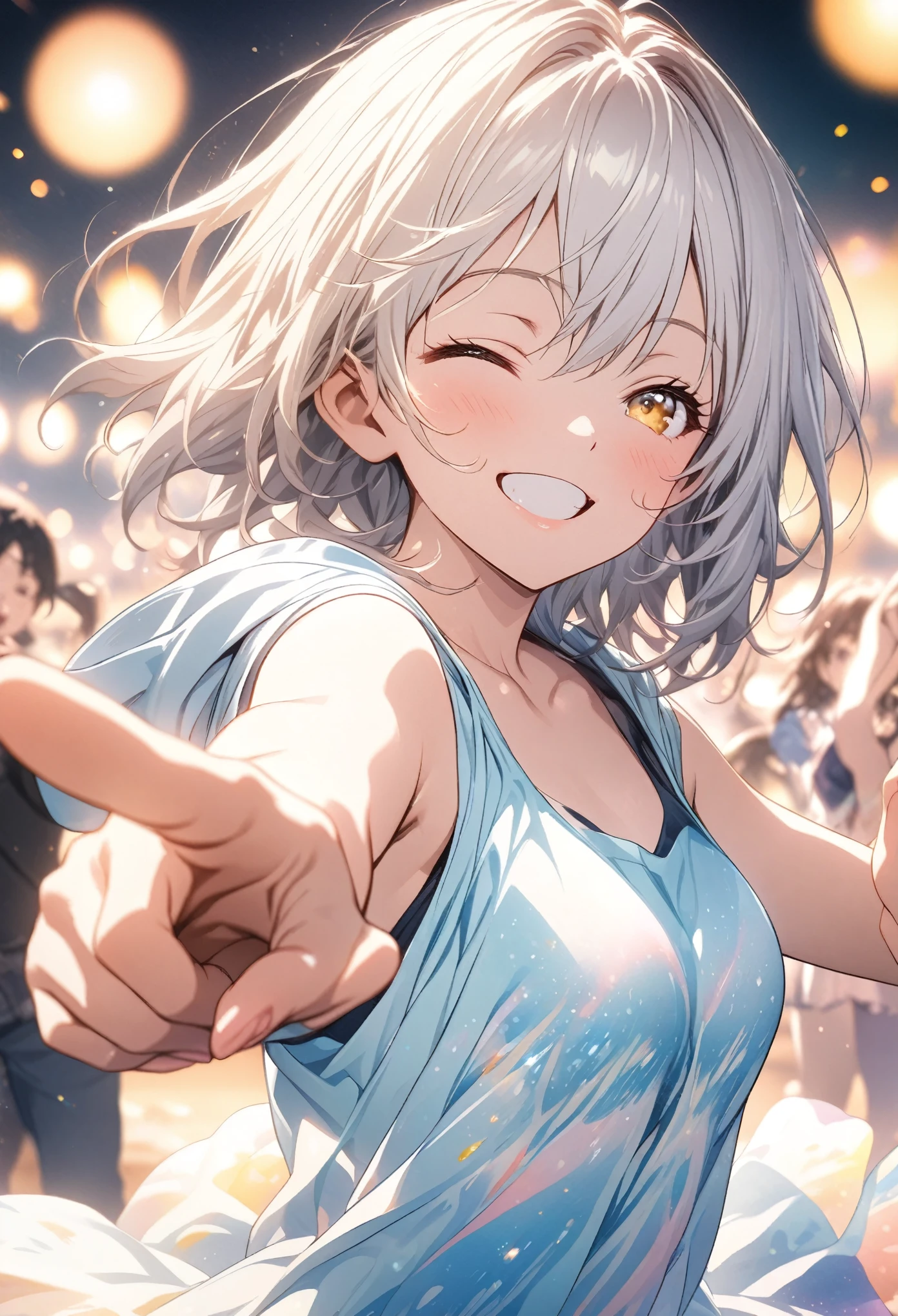 masterpiece, Highest quality, Highly detailed CG Unity 8K wallpapers, High School Girl Anime Illustration. Wear an oversized tank top, Hooded、Koi Dance Choreography, Pointing the index fingers of both hands, she has her eyes closed and mouth open, smile. The background is a light pastel colored landscape.., white hair color, Yellow Eyes, bokeh photography, (soft focus):1.2, out-of-focus highlights, dreamy ambiance, glowing circles, mesmerizing depth, The background is realistic
