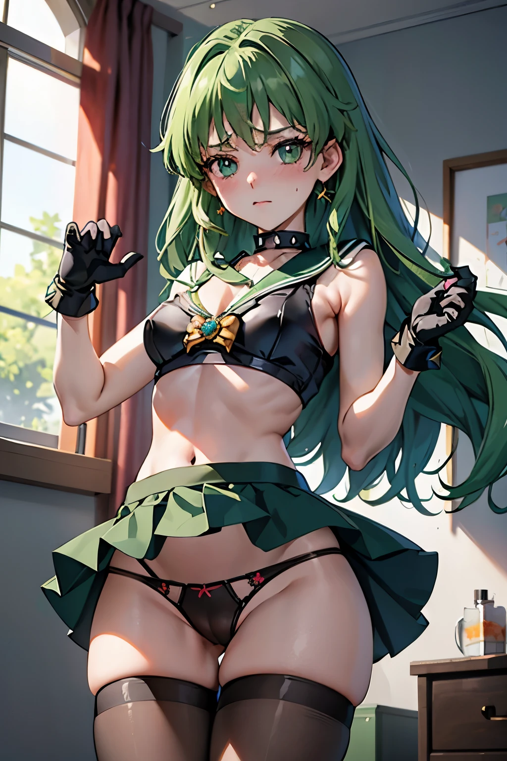 (Highest quality:1.1), (masterpiece:1.4), (Absurd:1.0),
One Girl, Sailor Neptune、Green Hair、navel, cleavage,midriff,collar, crop top, torn clothes、 spiked collar, Medium chest、Looking at the audience、Bedroom、(blush:1.2)、Embarrassed expression、(((Black Panties)))、(Have a skirt)、((mini skirt))、((pantyhose))、((Long gloves))、((Underhoulder-length gloves)、(Leg spread)
