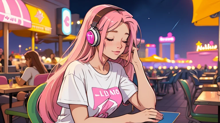 A beautiful young woman in her 20s with straight pink midium long hair, wearing headphones, sitting on the terrace of a night cafe, looking down with her eyes closed, lofi girl, t-shirt, mood, comfortable, Las Vegas, In-N-Out Burger, Only 5 fingers