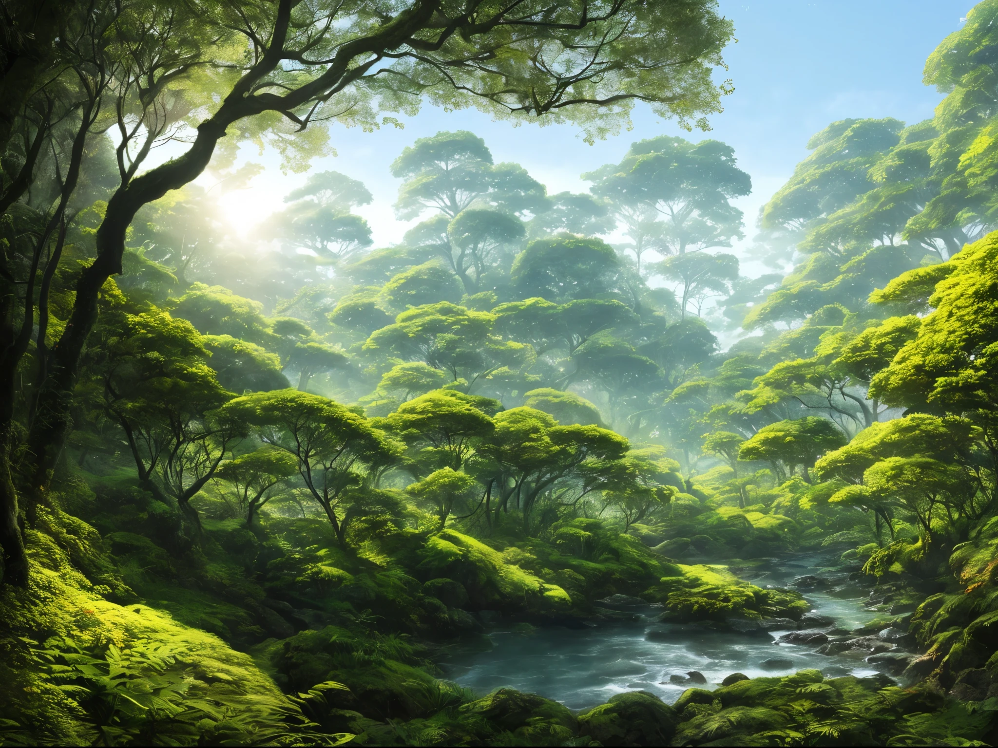 Digital Illustration, Detailed and complex, Dense forests inhabited by rare plants and animals, wood々Sunlight shines in from between，Create a mottled effect. I can see the ocean in the distance, Styles of Yoshitaka Amano and Hayao Miyazaki, masterpiece, Proportion, Very colorful, Popular topics on artstationh, Beautiful lighting, Actual, Complex, Awards, 4K, The best quality at its best