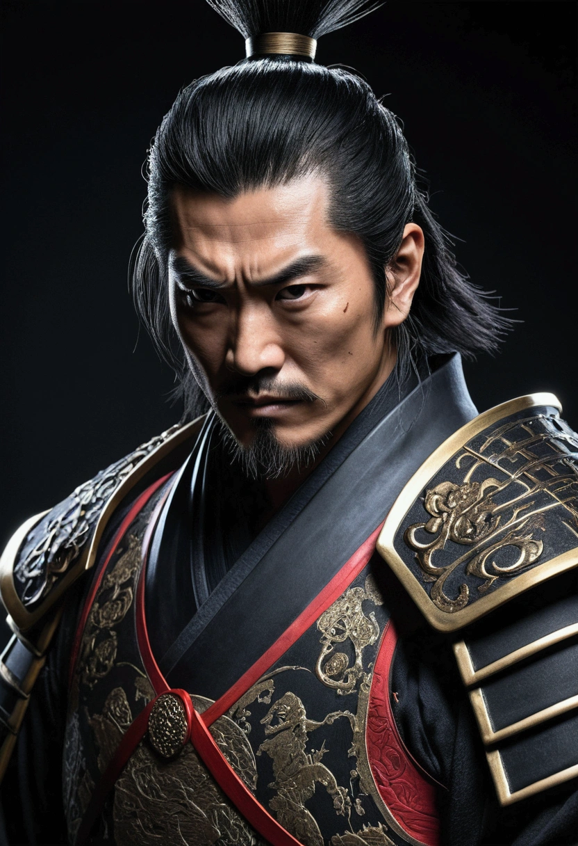 Create an illustration of a gothic samurai from feudal Japan, specifically the Sengoku period. The samurai should be dressed in dark, elaborate armor with intricate detailing that enhances the gothic style and horror. He should wear a black samurai mask with a menacing, enigmatic design that adds to the sense of intimidation. The samurai is wielding a sharp sword, the blade of which should reflect an ominous glow, suggesting its lethal potential. His eyes should glow a deep red, conveying an aura of ferocity and power. Incorporate elements that create a strong sense of intimidation and mystery, and include a Mikaw squire in the background, with a low-key supporting stance that complements the samurai's imposing presence. The overall style of the illustration should be gothic and horror-themed, with a dark color palette and an atmosphere filled with tension and mystery. Use fine detail and dramatic lighting to accentuate the samurai’s dark and imposing character, creating an image that captures the essence of the Sengoku period with a gothic and terrifying interpretation. The image is a true work of art, combining photorealism with an imaginative, moon-inspired theme to create a stunning visual masterpiece. The image should be stunning, with incredible quality, focusing on fine detail and cinematic lighting, in 8K HD. Ensure that every aspect is meticulously detailed (1.2), from his intricately drawn face (1.2) to the vibrant gradients and hues that bring his character to life in the scene. His eyes, full of depth and detail (1.2), should draw the viewer in, against a richly detailed background and landscape. Employ a dynamic angle (1.2) and pose (1.2), adhering to the rule of thirds (1.3) and incorporating a strong line of action (1.2) for a compelling composition. The photo should capture a wide view, bathed in light