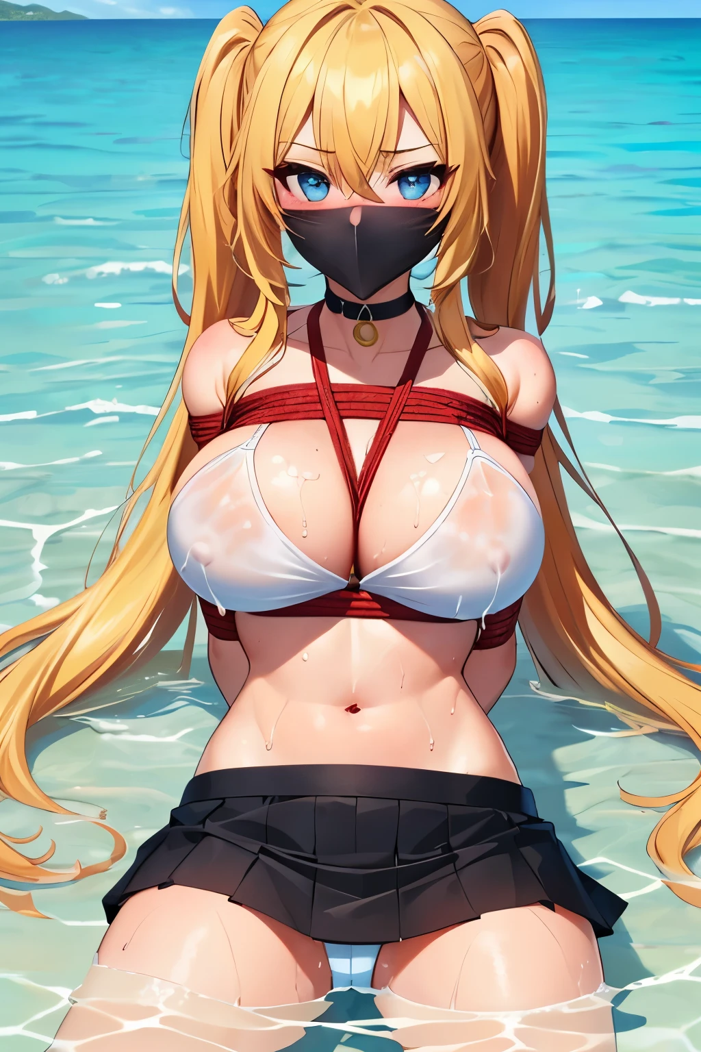 1 girl, (detailed blue eyes, lange wimpern, detailed beautiful face:1.1), 4k quality, twintails, Haare Seiten nach oben, (Long blonde hair:1.4), (arms behind back:1.3), (big breasts:1.5), Red rope, (blushing:1.3), erina nakiri, long hair, orange hair, hair between eyes, (black skin skirt, White crop top, 18 jears old:1.4), (bondage:1.3), erhobene Augenbrauen, pralle Brüste, OTN, Gag, gagged, (laying in water:1.5), wet, (near a Public beach with many people:1.5), wet clothes