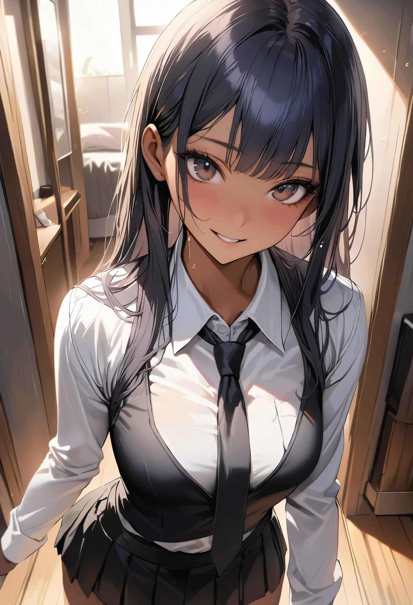 ((masterpiece,Highest quality:1.3,best quality illustration)),realistic,1woman,(20 year old beauty),((very small head:1.4)),ideal ratio body proportions,dark blue hair,straight long hair,bangs,black eyes,gorgeous big eyes,smile、((tan skin,skinny)),(Black vest、Black tie、White collared shirt、Long sleeve、Black pleated mini skirt)),medium breasts,gleaming skin,slender body,sweat,standing,Simple bedroom,Shinjuku、Tokyo、