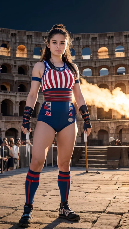 best quality, high quality, ultra quality, 8k, masterpiece, detailed, extremely detailed, insanely detailed, ultra detailed, ultra highres ,exquisite, lifelike Images,cinematic experience,UHD picture,Realistic,photorealistic,hyperrealistic,vivid,RAW photo,shot by DSLR,
one girl, upper body,half smile, (Roman Colosseum:1.2), Gladiators, fighting stance, (crowd of spectators,Large crowd:1.1),(Olympic Flag),Olympic symbols,Combat Uniform,Battle Suit